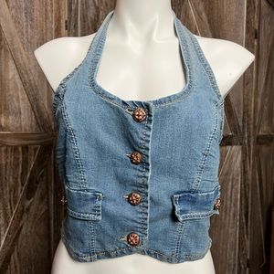 Dollhouse You Are Beautiful Blue Jean
Halter Top with Gold Buttons Size L